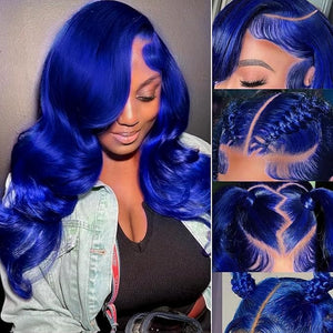 Blue Lace Front Wigs Human Hair Pre Cut 9x6 HD Lace Closure Dark Blue Wigs Human Hair 180% Density Wear and Go Glueless Wig Human Hair Pre Plucked Body Wave Colored Wigs for Women 20 Inch