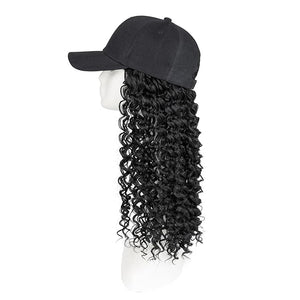 TESS Black Baseball Cap with 20'' Long Coily Synthetic Hair Extensions for Women and Girls - Adjustable &amp Breathable Wig Cap for Daily Use Outdoor Activities