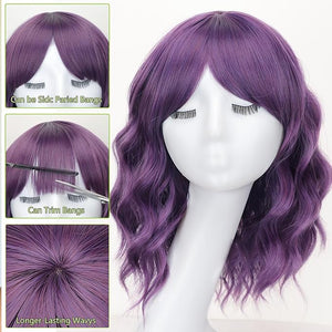 AISI HAIR Purple Synthetic Wavy Curly Bob Wig with Bangs Short Wavy Hair for Women Synthetic Heat Resistant Bob Wigs