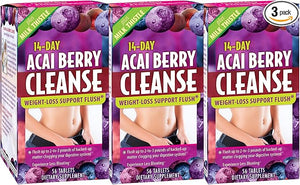 Applied Nutrition 14-Day Acai Berry Cleanse - 56 Tablets, Pack of 3 - Weight-Loss Support Flush + Milk Thistle - 84 Total Servings
