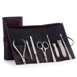 GERMANIKURE 8pc Manicure &amp Pedicure Set in Dark Purple Leather Case - Made in Germany FINOX Stainless Steel Tools ? Professional Cuticle and Nail Care Kit