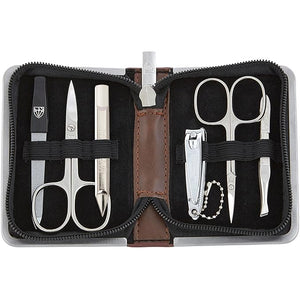 3 Swords Germany - brand quality 6 piece manicure pedicure kit set for professional finger &amp toe nail care with synthetic leather case - Made in Germany - brown