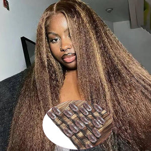 Hair Extensions Clip Ins Kinky Human Hair 24inch 125g Straight Clip in Hair Extensions Real Human Hair Soft &amp Natural Handmade Human Hair Clip in Extensions Black Women #P427