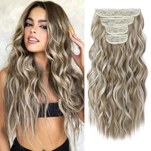 REECHO Hair Extensions 4PCS Clip in Hair Extensions HE001 Natural Soft Synthetic Hairpieces for Women Light Ash Brown with Highlights