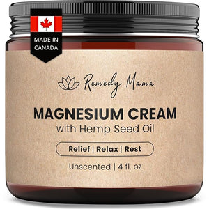 Magnesium Cream for Sleep Cramps &amp Muscle Soreness ? with Hemp Seed Oil Jojoba Shea &amp Mango Butter ? Natural Skin-Friendly &amp Safe for Kids ? Unscented ? 4oz Glass Jar ? Made in Canada