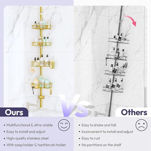 SWTYMIKI Shower Caddy Tension Pole - 4-Tier Corner Shower Organizer Tension Rod with Soap Holder Toothbrush Holder &amp 4 Hooks Adjustable Stainless Steel Bathroom Organizer 27.6 to 108.3 inch Gol