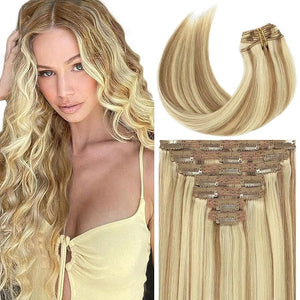 Loxxy Seamless Clip In Human Hair ExtensionS Silky Straight 7 Pieces Light Brown Highlighted Platinum Blonde Balayage120g 18 Inch P#8/60A