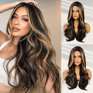Haoland Brown Blonde Highlight Wigs for Women 26 Inch Long Curly Synthetic Wigs Middle Part Blonde Highlights Hair Wigs Loose Wavy wig Heat Resistant