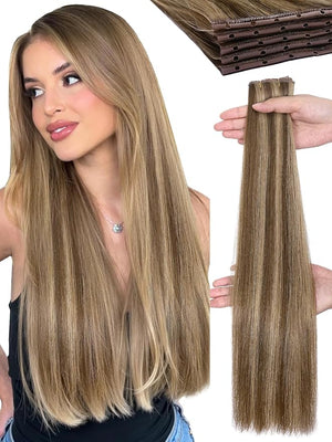WIGNEE Double Invisible OVO Balayage Hair Extension Genius Invisible Weft with Holes 20 Inch Highlight Brown Remy Hair Extensions Real Human Hair Glueless for Thin Hair 5 PCS 100g (P4/8)