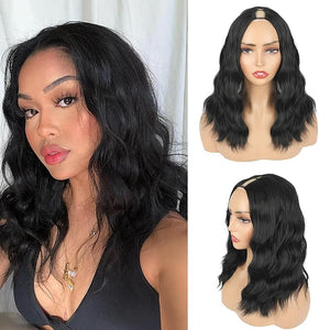 KRSI V Part Bob Wigs Short Black V U Part Wig No Sew in Glueless Clip in Hair Wigs for Black Women 16Inch Natural Looking Synthetic Bob Half Wig