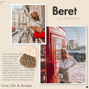 AynnQueen Beret with Hair Extensions for Women Hat with Kinky Curly Synthetic Wig Attached 8 inch Long Curly Hair Black Beret (Bleach Blonde)