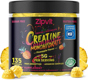 zipvit Creatine Monohydrate Gummies (5g) ? Pre-Workout Energy &amp Muscle Growth Support for Men &amp Women | Pineapple Electrolyte Gummies (135 Count)