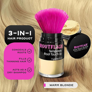 Rootflage Root Touch Up Hair Powder - Temporary Hair Color, Root Concealer, Thinning Hair Powder with Kabuki Applicator 31 oz + Rootflage Refill 31 oz + Small Detail Brush (WARM BLONDE)
