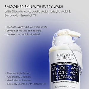 Advanced Clinicals Exfoliating Glycolic Acid &amp Salicylic Acid Face Wash + Hydrating Vitamin C Facial Cleanser 2pc AM/PM Skin Care Set For Women &amp Men To Gently Exfoliate &amp Cleanse Dirt &am