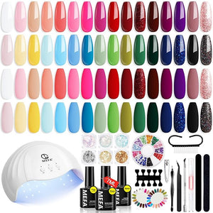 MEFA 56 Pcs Gel Nail Polish Kit with U V Light, 32 Colors Hot Pink Colorful Gel Nail Kit Glitter nail Polish Set Nail Art Decorations Manicure Tools DIY Gifts