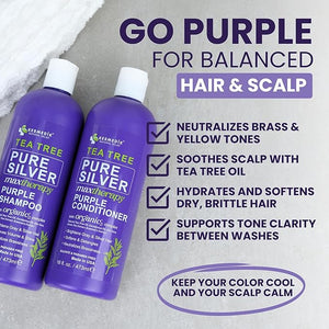Tea Tree Purple Shampoo &amp Conditioner Set Professional Anti-Brass Toner Neutralizes Yellow Tones for Grey Silver Ash &amp Bleached Highlighted Color Treated Dry &amp Itchy Scalp Relief