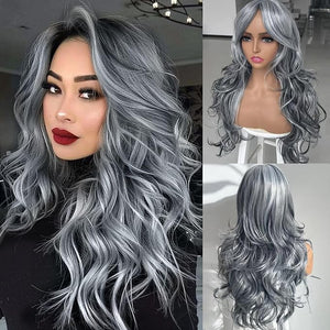 Silver Gray Wigs for Women Long Layered Ombre Gray Highlight Wig Synthetic Light Gray with Curtain Bangs for Black White Women Long Ombre Gray Natural Body Wave Middle Part 24Inch