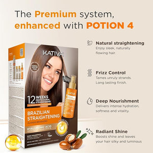 KATIVA Brazilian Keratin Treatment Kit with Potion 4 Thermo-Protective Serum ? At-Home Formaldehyde-Free Straightening with Hyaluronic Acid ? 12 Weeks Frizz Control for All Hair Types