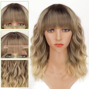 AISI HAIR Curly Bob Wig with Bangs Ombre Blonde Color Short Wavy Wigs for Women Bob Style Synthetic Heat Resistant Bob Wigs