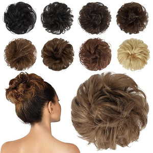 FESHFEN Human Messy Buns - 100% Human Hair Bun Real Scrunchies Hair Pieces Ponytail Extensions Wavy Tousled Updo Chignon Hairpieces for Women Ash Brown