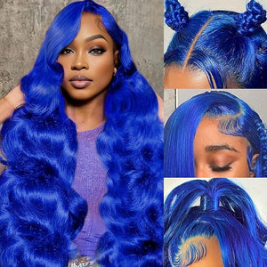 Blue Lace Front Wigs Human Hair 34 Inch 180% Density Body Wave 13x4 Lace Frontal Wigs for Black Women Dark Blue Colored Glueless Wig Pre Plucked with Baby Hair