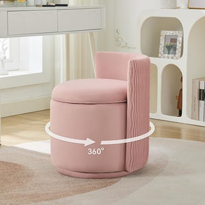Velvet Vanity Chair with Storage 360¡Æ Swivel Makeup Chair with Wave Back No Assembly Small Accent Stool for Bedroom Dressing Living Room Pink