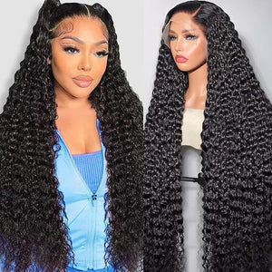 MISSJAY 32 Inch 13x6 Deep Wave Lace Front Wig Human Hair 200% Density Lace Front Wig with Baby Hair Pre Plucked Deep Curly Wig 100% Unprocessed Brazilian Virgin Hair Natural Color for Black Women