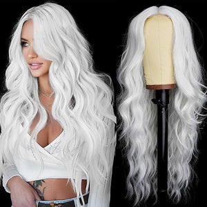 AISI HAIR White Wig for Women Long Wavy Lace Hairline Middle Part Synthetic Wig for Daily Party-26 Inch