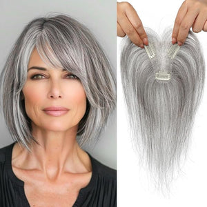 REECHO Hair Toppers for Women Real Human Hair Seamless Human Hair Toppers with Bangs 360¡Æ 3D Cover Clip in Bangs Hair Extensions for Daily Wear Gray