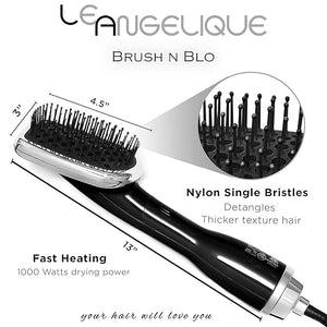 Le Angelique Brush N Blo - One Step Hair Straightening Comb &amp Brush for Easy &amp Quick Curly Hair Styling | 1000W Hot/Cold Air Straightener | No-Frizz Tourmaline Tech Detangles &amp Boost Shine