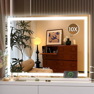 Hasipu Vanity Mirror with Lights 28 x 20 LED Makeup Mirror Lighted Makeup Mirror with Dimmable 3 Modes Touch Screen Control Vanity Mirror Square White