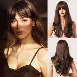 Honygebia Dark Brown Wig with Bangs - Long Wavy Brunette Wigs for Women Chocolate Brown Synthetic Heat Resistant Hair Natural Looking Long Brown Wig - Best Wigs for Halloween/Christmas/Party