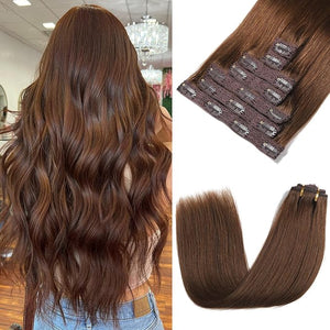 Clip in Hair Extensions Real Human Hair - 14 Inch 120g 7pcs, Chocolate Brown Color - Soft Remy Human Hair Clip in Extensions Straight for Women (#4 14 Inch)