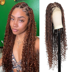 Kalyss HD Full Lace Boho Braided Wigs for Women 360 Lace Front Twist Braided Wigs with Baby Hair Brown Premium Synthetic Knotless Braid Wig 36"