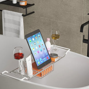 iPEGTOP Stainless Steel Bathtub Caddy Tray - Over Bath Tub Racks Shower Organizer with Extending Sides Removable Wine Glass Book Holder