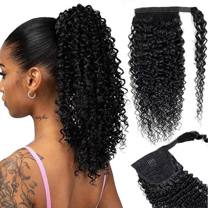 Annora Curly Human Hair Ponytail for Black Women Natural Black Color Wrap Around Pony Tail Extension 1B Remy Magic Paste Brazilian Kinky Curly Ponytail Human Hair Extensions Hair Piece 26 Inches