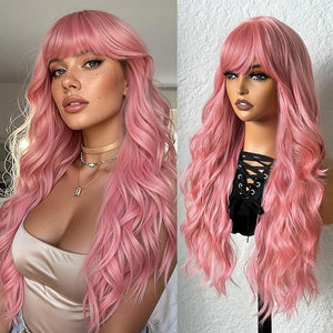 topshe Pink Wavy Wig with Bangs Heat Resistant Synthetic Hair for Women Pre Styled Butterfly Layers &amp Curls for Daily Parties Long Curly Wig 28 Inch (Cotton Candy Pink)