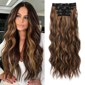 REECHO Clip in Hair Extensions 4PCS BHair Extensions 24 Thick Long Beach Waves hair extensions HE003 Invisible Lace Weft ? Chocolate Brown with Golden Highlights