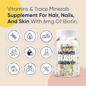 Moerie Hair Growth Supplement for Women &amp Men - Hair Skin and Nails Vitamins With Biotin Q10 &amp Minerals - For Thicker Fuller Hair &amp Hair Loss Treatment - Advanced Beadlet Delivery System