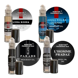 MOBETTER FRAGRANCE OILS Men's Perfume Body Oil Bundle - Set of 4 Roll-On | Luna Rossa, Luna Rossa Oceans, Black Parade, L'Homme Pradaz | Long Lasting, Travel Friendly, Alcohol-Free