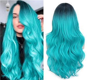 FAVE Ombre Bluish Green Wig Long Wavy Side Part Wigs Heat Resistant Synthetic Hair Teal Blue Mermaid Wigs for Women Teal Wig for Daily &amp Party Use(Ombre Bluish Green)