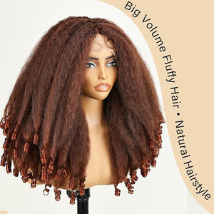 SOKU Afro Curly Lace Front Wig Synthetic Copper Reddish T Part 20 Inch Crimp to Curl Kinky Straight with Curly Ends Pre-plucked with Baby Hair Transparent Swiss Lace Yaki Texture Ginger Wigs for Women