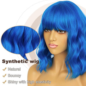 Short Bob Wavy Wig with Bangs for Women Loose Curly Shoulder Length Synthetic Cosplay Wig Bob for Girl Colorful Costume Wigs (Blue)