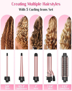 ANIEKIN 5 in 1 Curling Iron Set Fast Heat Up Curling Wand from 3/8 to 1 1/4 Inch and a Thermal Brush Come with Dual Voltage Hair Curler for Women All Hair Types and Travel Use Gifts for Women