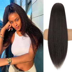 Drawstring Ponytail Extension for Women 30 Inch Long Yaki Straight Pony Tails Hair Hairpiece Clip in Extensions Natural Looking Soft Synthetic Drawstring Ponytail for Black Women Dark Brown