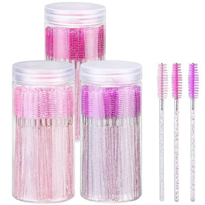 300PCS 3 Color Disposable Eyelash Brush with 3 Containers, Spoolies for Eyelash Extensions, Crystal Mascara Wands, Eyebrow Brushes for Makeup Accessories, Eye Lash Tools - Pink, Rose, Purple