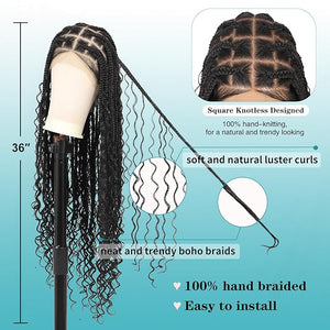 Kalyss HD Full Lace Boho Braided Wigs for Women 360 Lace Front Box Braided Wigs with Baby Hair Black Premium Synthetic Knotless Braid Wig 36"