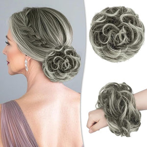 RUWISS Messy Bun Hair Piece Human Hair Messy Rose Bun Hair Buns Hair Piece for Women Real Hair Scrunchies Updo Hair Pieces Bun Extension Ponytail (Black mix Gray and Platinum Blonde Tips)