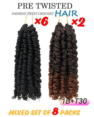 Passion Twist Crochet Hair 8 Inch Pre Looped - Mixed Color Combo Pack (6 x 1B + 2 x T1B/30) Pre-twisted Soft &amp Bouncy Synthetic Braided Hair Extensions For Black Women (8 Inch - 8 Packs 1B + T30