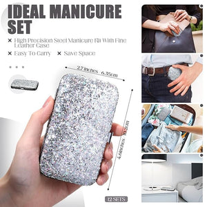 Geosar 12 Set Christmas 8 in 1 Manicure Set Christmas Stainless Steel Nail Clippers Kit Pedicure Care Tools with Leather Case Travel Grooming Kit Gift for Women Men(Glitter Silver)